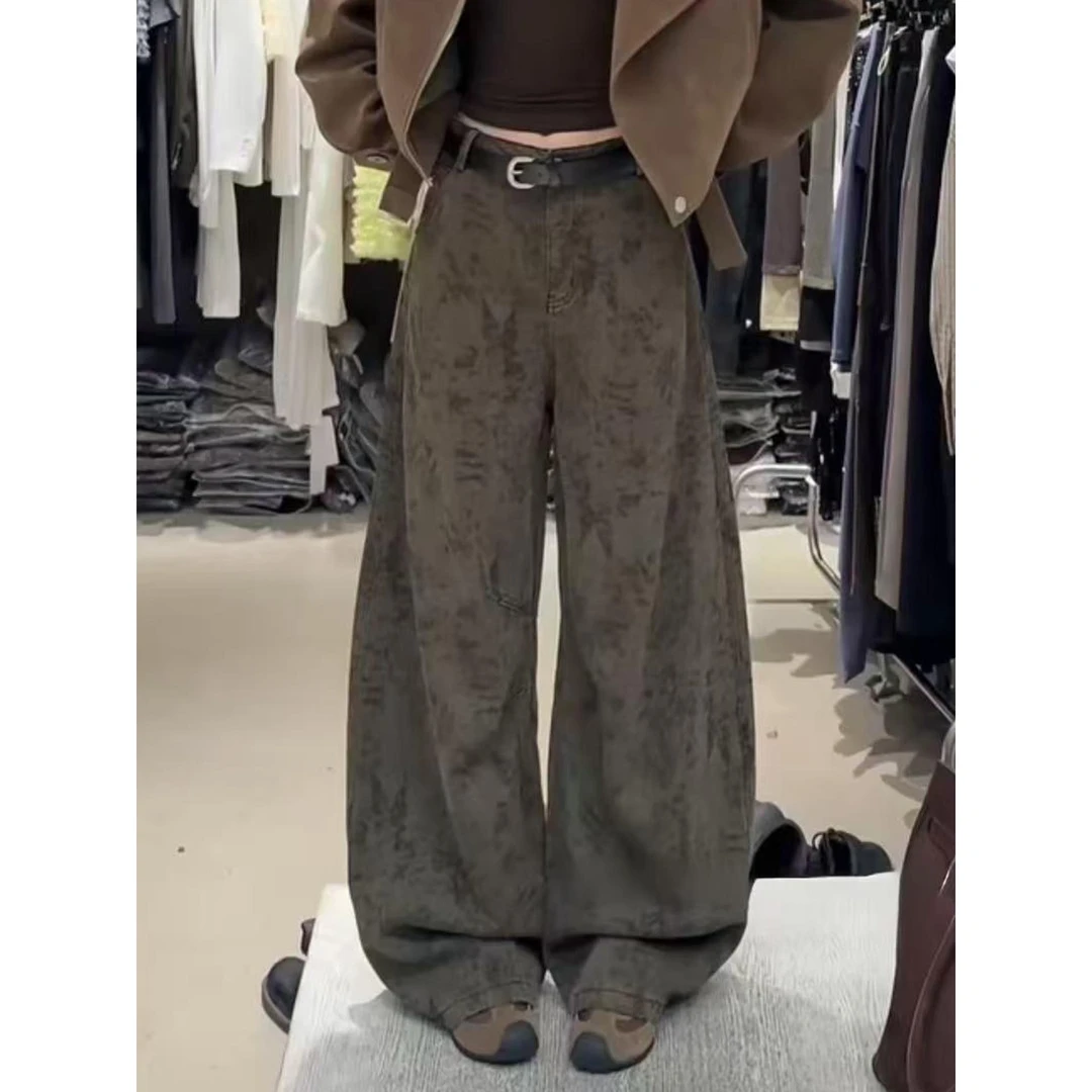 复古宽松水洗阔腿牛仔裤女2025冬季新款加绒加厚高腰显瘦直筒长裤