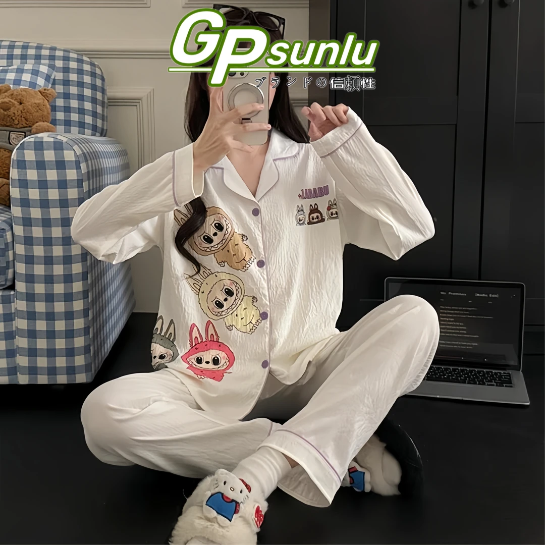 gpsunlu「初秋新品」卡通睡衣女春秋款棉绸长袖网红夏季家居服外穿
