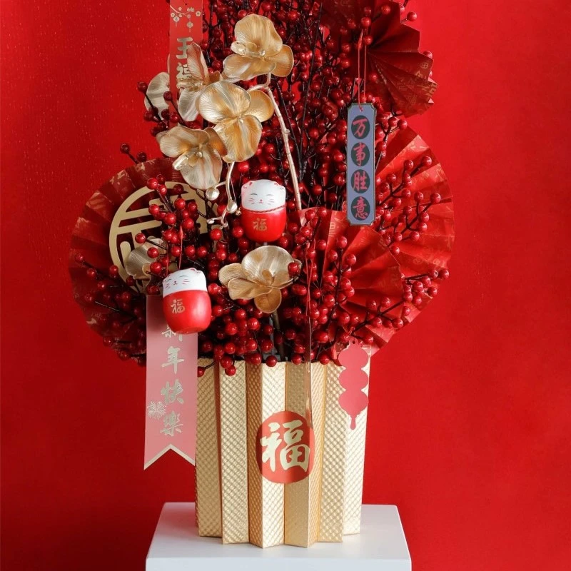 【绿萝】金色仿真冬青尤加利蝴蝶兰年宵花福桶配饰材料花艺资材