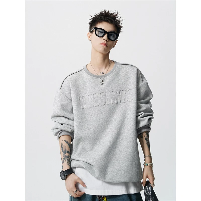 秋冬季新款凸起字母拉链卫衣男潮牌宽松长袖落肩圆领上衣外套