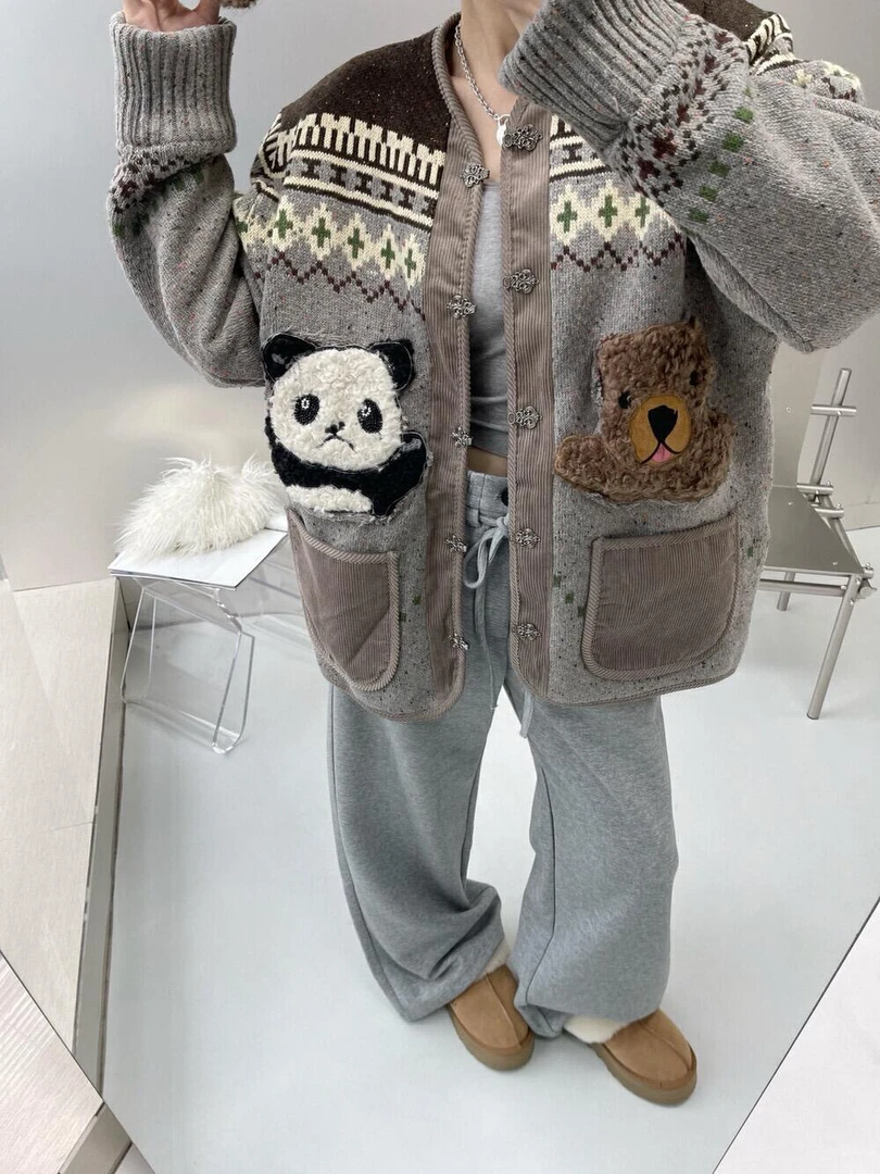 尾～丫2024冬季新款「熊熊系列」费尔岛棉服毛开衫