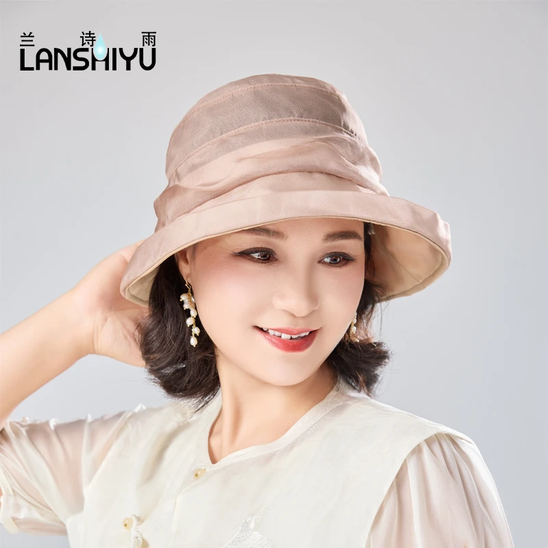 新款桑蚕丝渔夫帽女防晒遮阳帽大檐显脸小盆帽度假透气优雅时尚