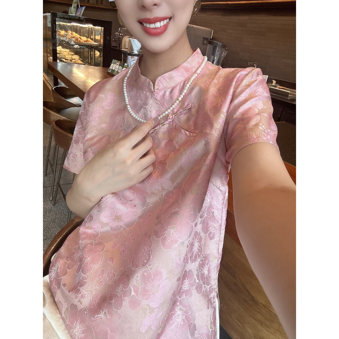 【深圳罗依】原创真丝衬衫女新中式桑蚕丝宋锦异色罗立领短袖上衣