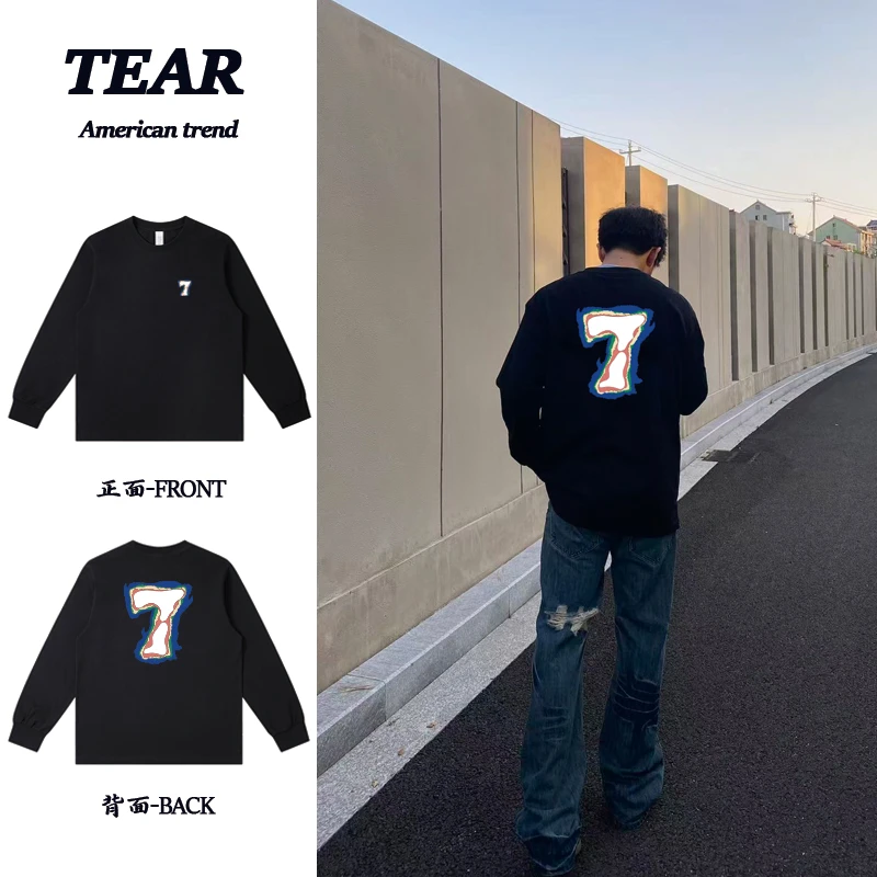 美式重磅纯棉数字7印花长袖T恤宽松百搭ootd穿搭时尚潮流男女同款