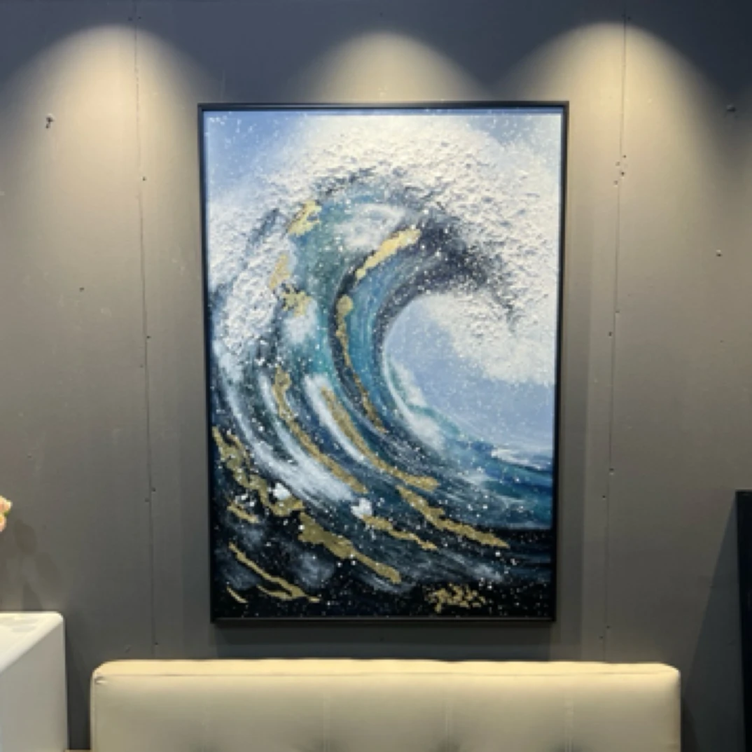 海浪纯手绘油画深色系海浪金箔 玄关客厅挂画 黑色沙发绝配挂画
