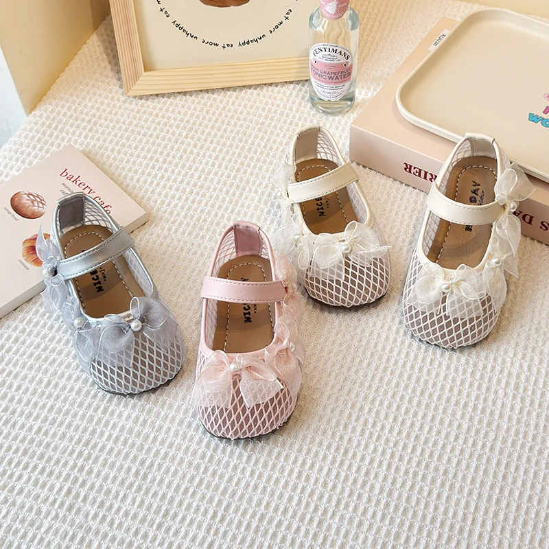 ins法式蝴蝶结网鞋2025夏季新款韩版女童软底公主鞋透气网面凉鞋
