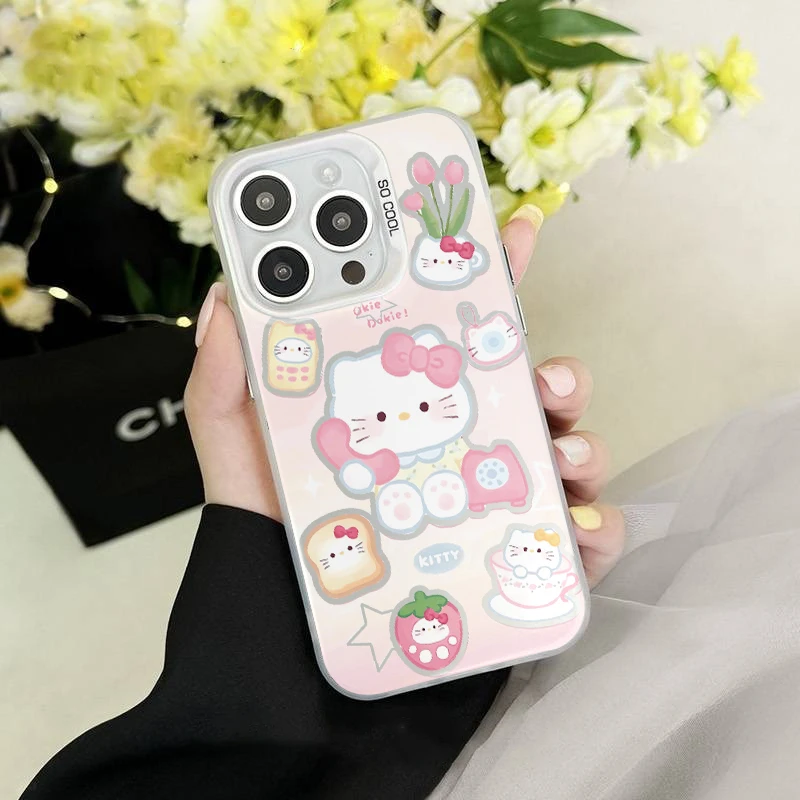 可爱KT打电话彩银壳适用于iPhone苹果17手机壳华为oppo小米手机壳