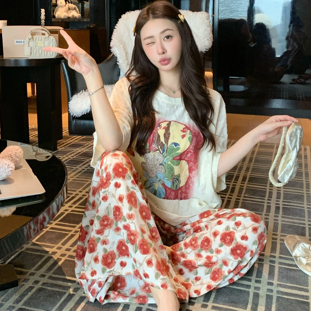 2025年睡衣女款三件套装夏天薄款大码短袖长裤家居服夏季