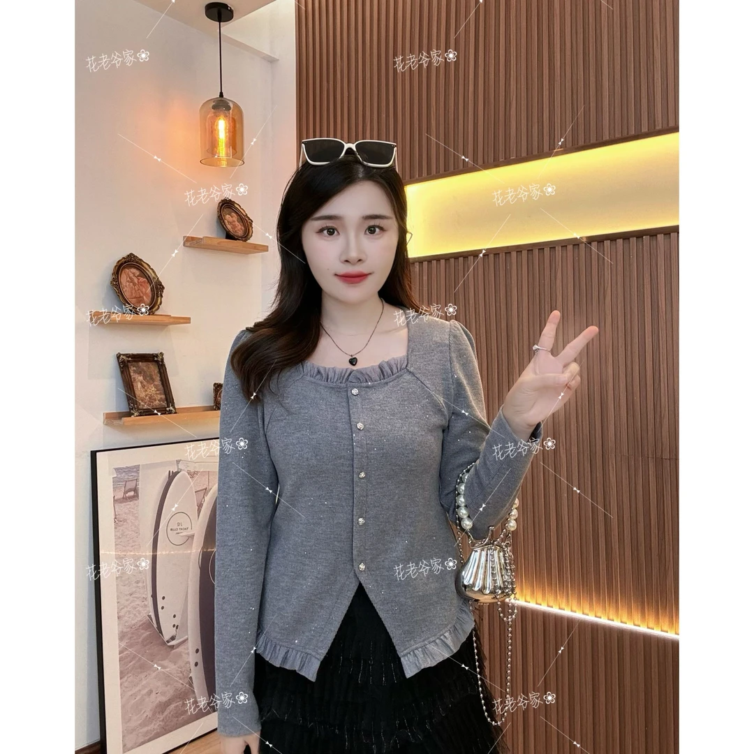 【仅上衣】花老爷微胖大码女装优雅洒金拼接开叉T恤HLY3601