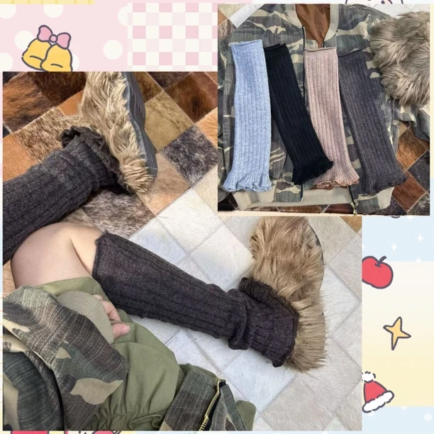 秋冬新款腿套袜套羊混芭蕾风花边针织袜套中筒堆堆袜jk少女
