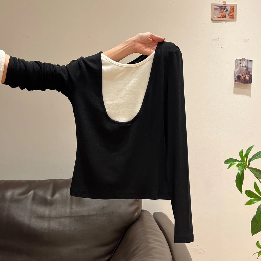 夏珍 撞色假两件圆领长袖T恤女2025秋季设计感修身显瘦打底衫上衣