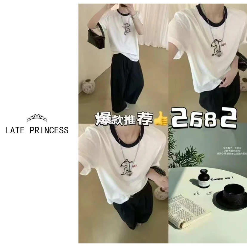 LATE PRINCESS迟到公主【心满意足】夏季新款拼接小狗刺绣短袖T恤
