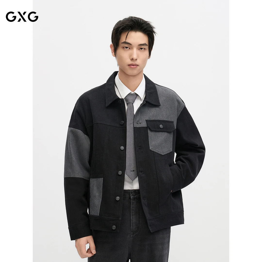 GXG男装 黑灰拼接宽松长袖牛仔夹克高智风春秋季新款 #G24DE83009