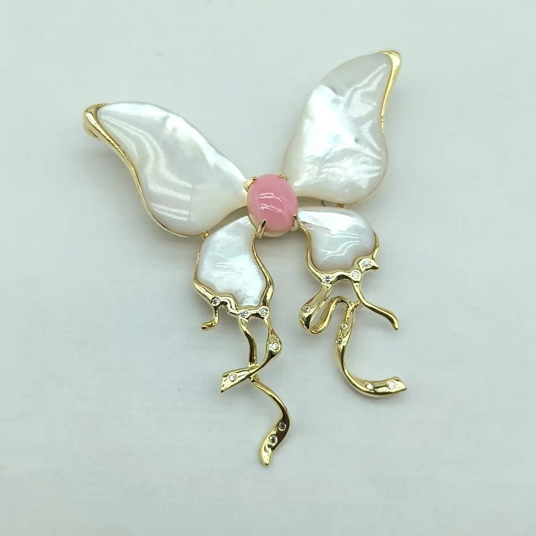 kasiya/卡思雅 铜合金贝壳胸针 XZ25105-051金色流苏白贝蝴蝶胸针