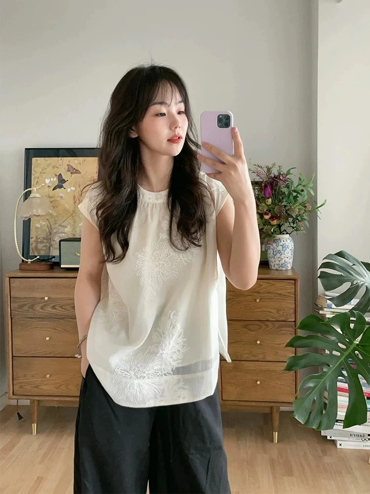 国风新中式圆领刺绣无袖衬衫女夏季新款优雅气质通勤百搭显瘦上衣