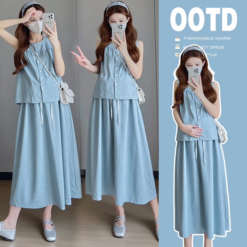 孕妇2裙025夏新潮款时尚衬衫穿搭系带上衣无托腹半身裙孕妇两件套