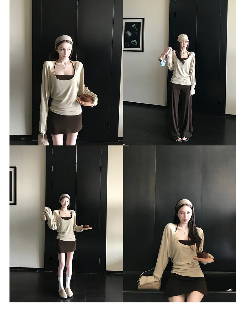 Skk Store'姐系松弛'针织小众纯欲慵风懒长袖T恤挂脖背心4件套女