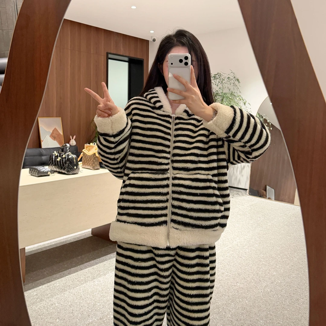 宿慕SUMU加厚保暖条纹家居服套装2025冬新款舒适两件睡衣套装026