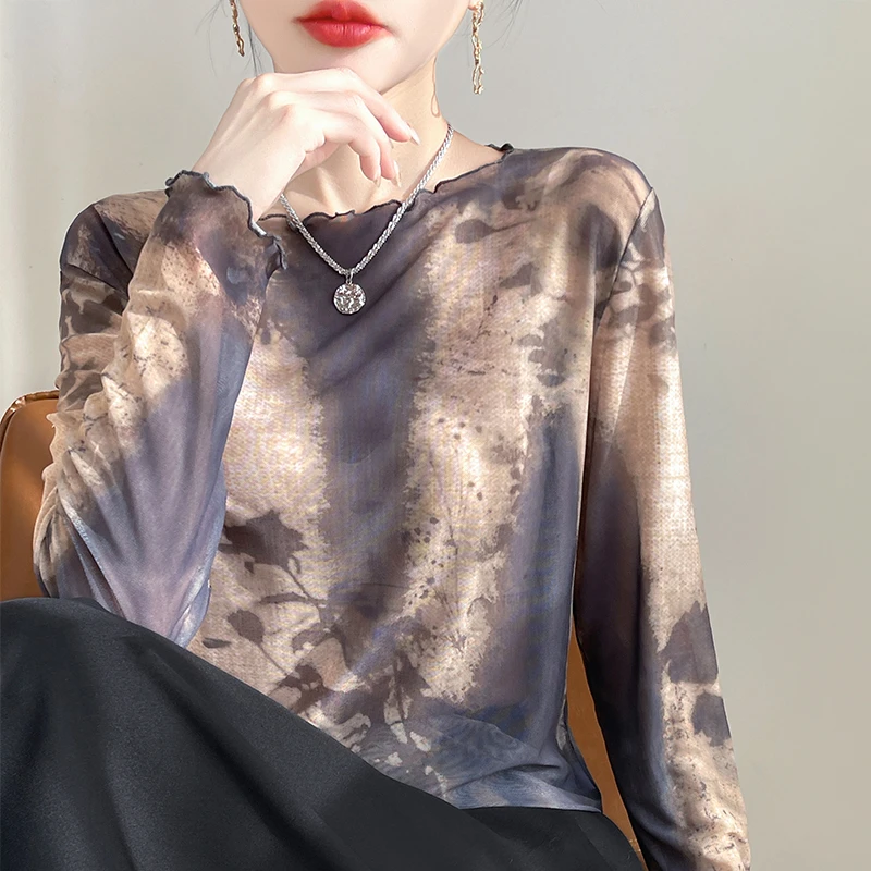 【现货宠粉】新款长袖圆领T恤水墨印花套头显瘦夏季薄打底衫轻奢ins