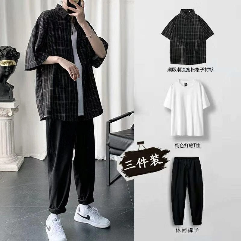 夏季薄款休闲套装男士潮牌轻熟风帅气短袖衬衫一套搭配三件套男装