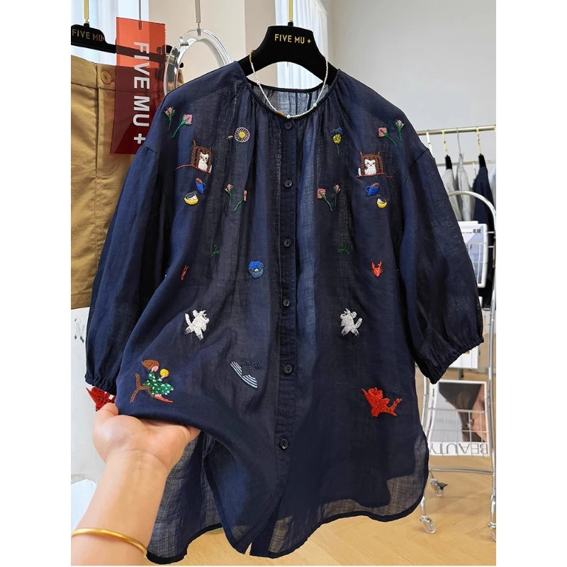 大码女装重工刺绣高级感苎麻七分袖衬衫夏季气质宽松薄款小衫上衣