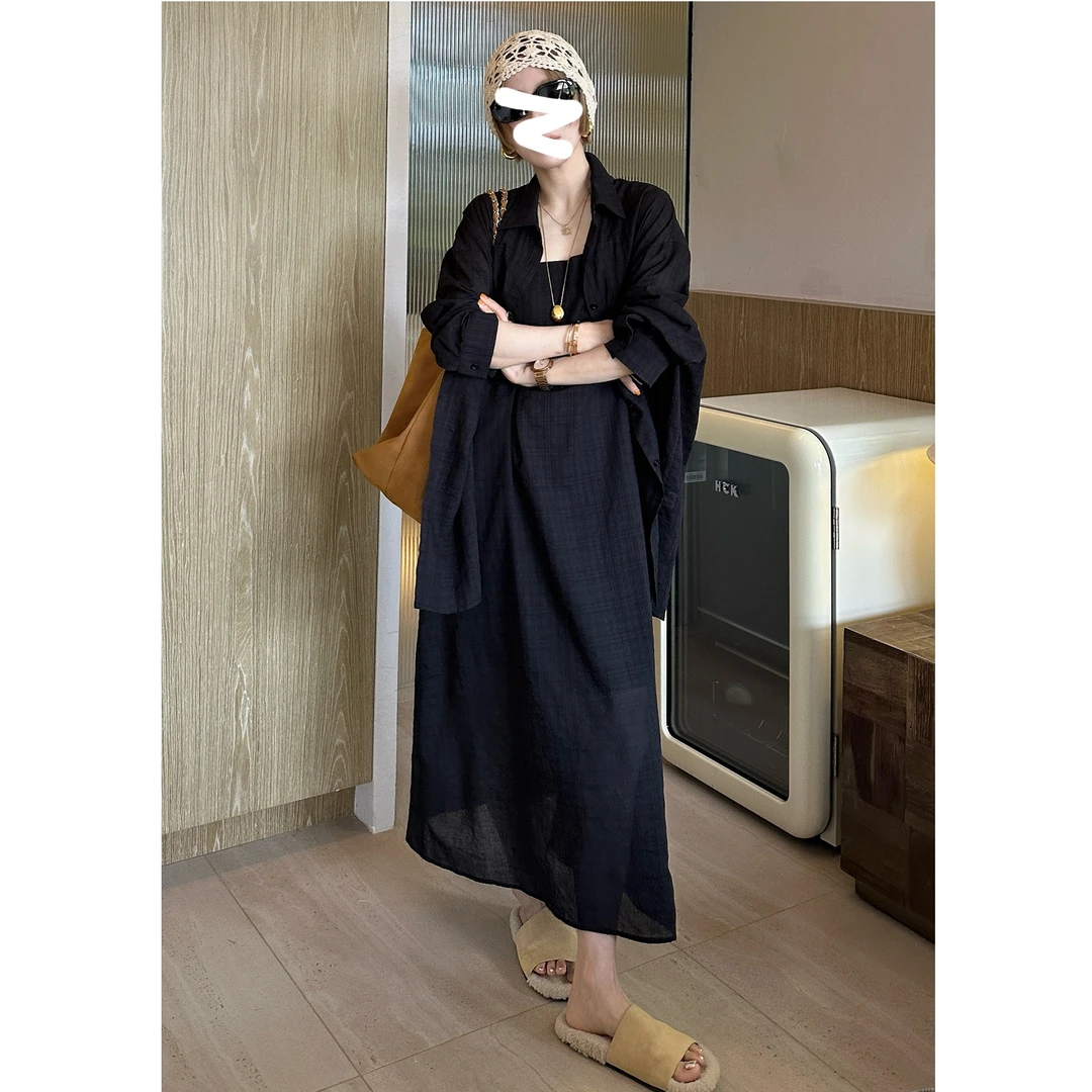 早秋慵懒风格纹套装女衬衫外套+长款吊带裙两件套S11100