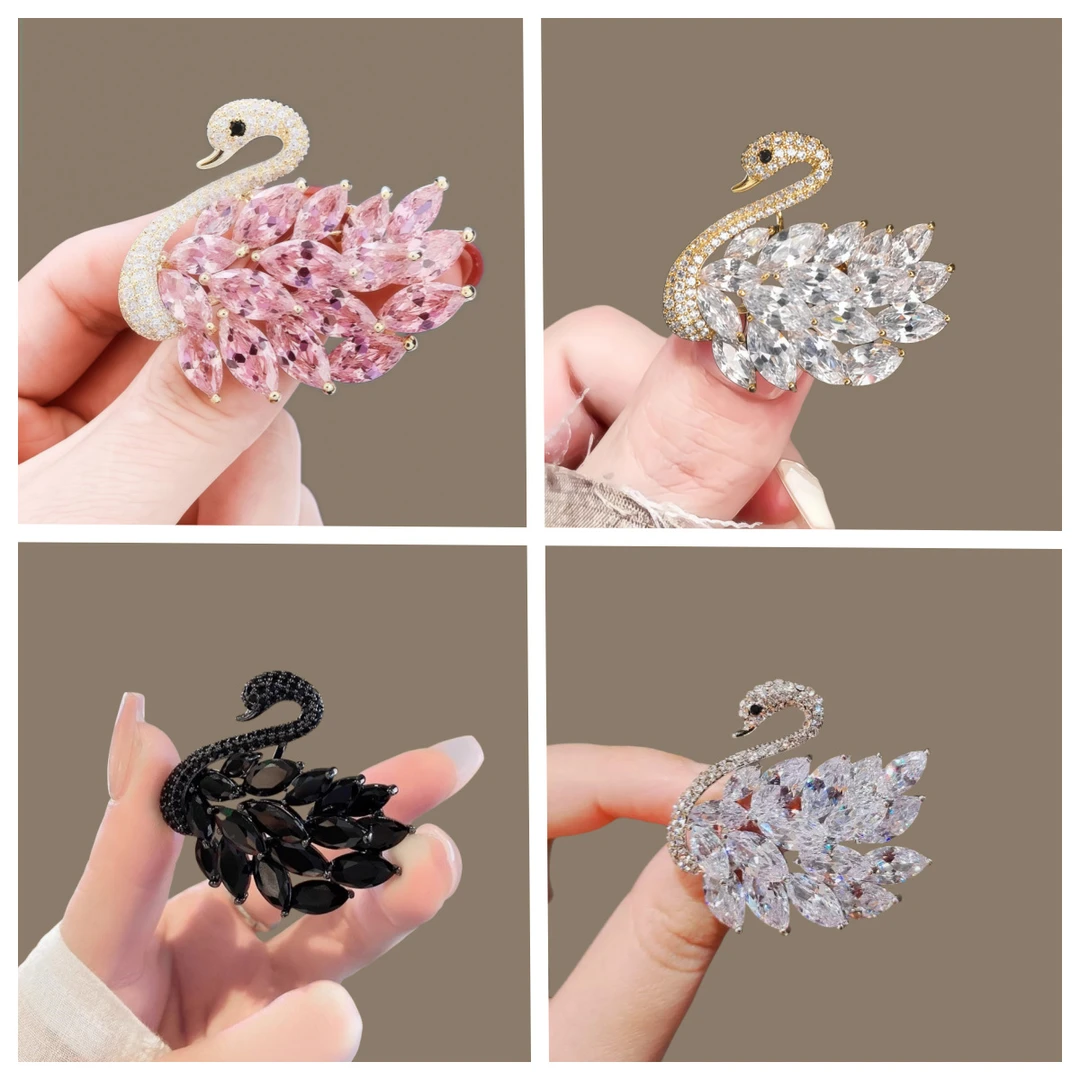 合金胸针 手工水晶黑天鹅胸针高级感胸花时尚气质别针防走光配饰