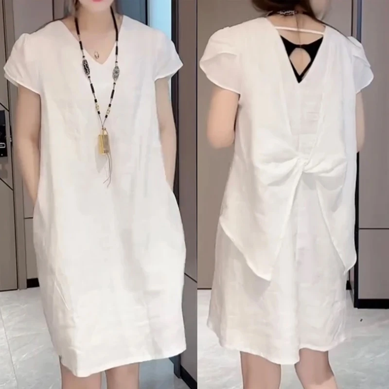 轻奢时尚蝴蝶结荷花袖连衣裙女2025年夏季新款爆款洋气宽松中长裙