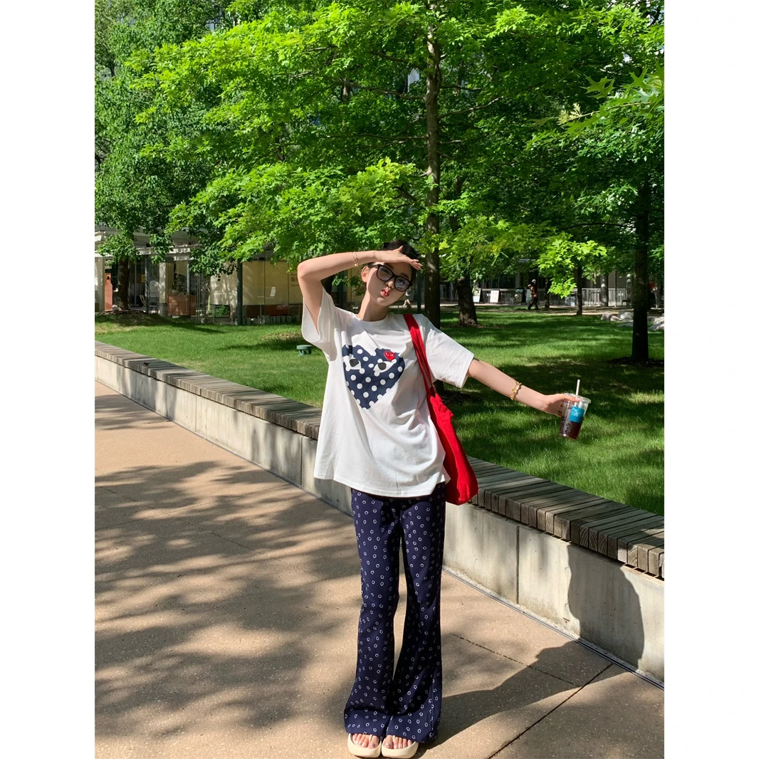 日系慵懒风波点大爱心宽松T桖+笑脸喇叭卫裤阔腿遛弯运动裤套装女