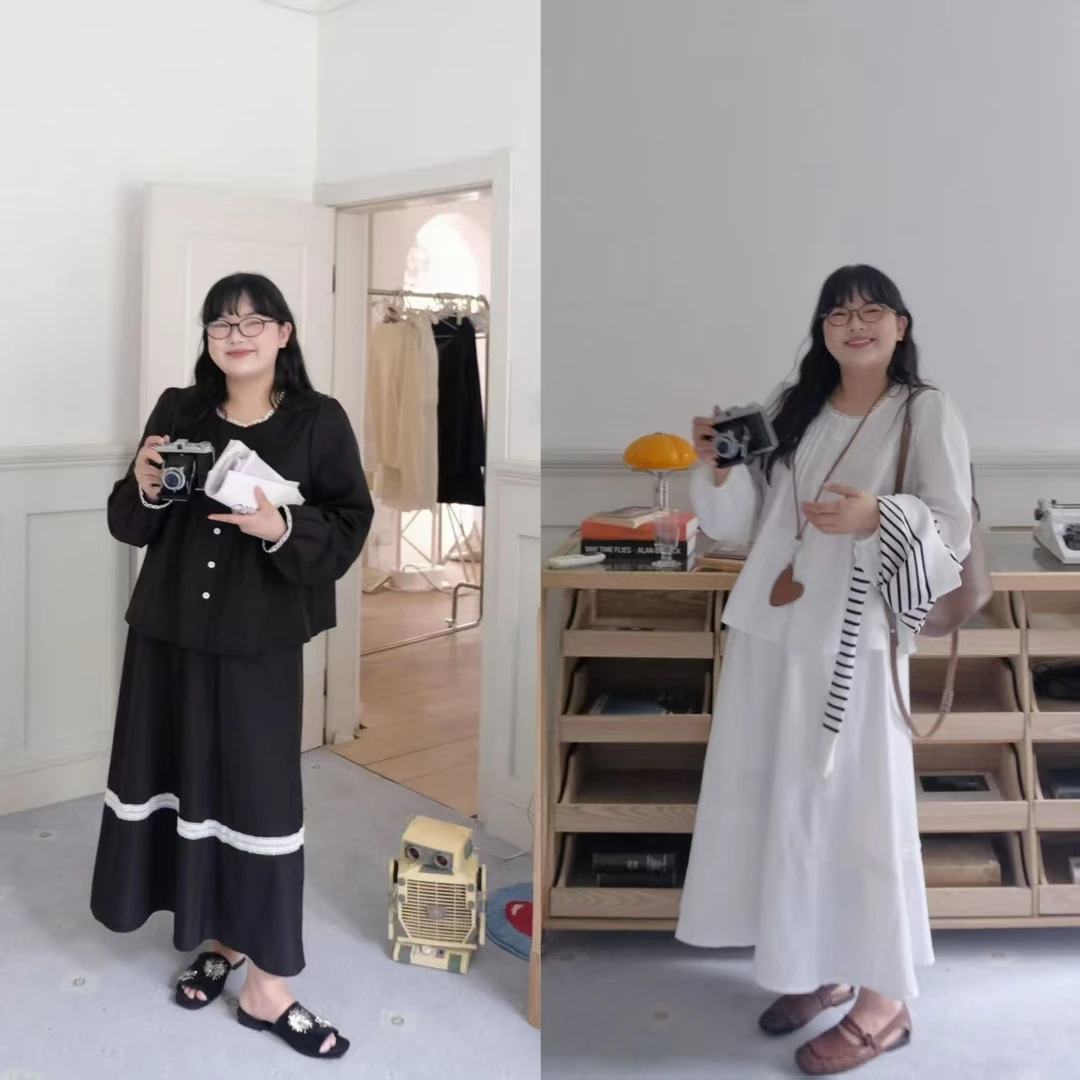 大码女装早秋新款常规休闲高腰不褪色透气显瘦韩版长裙宽松套装