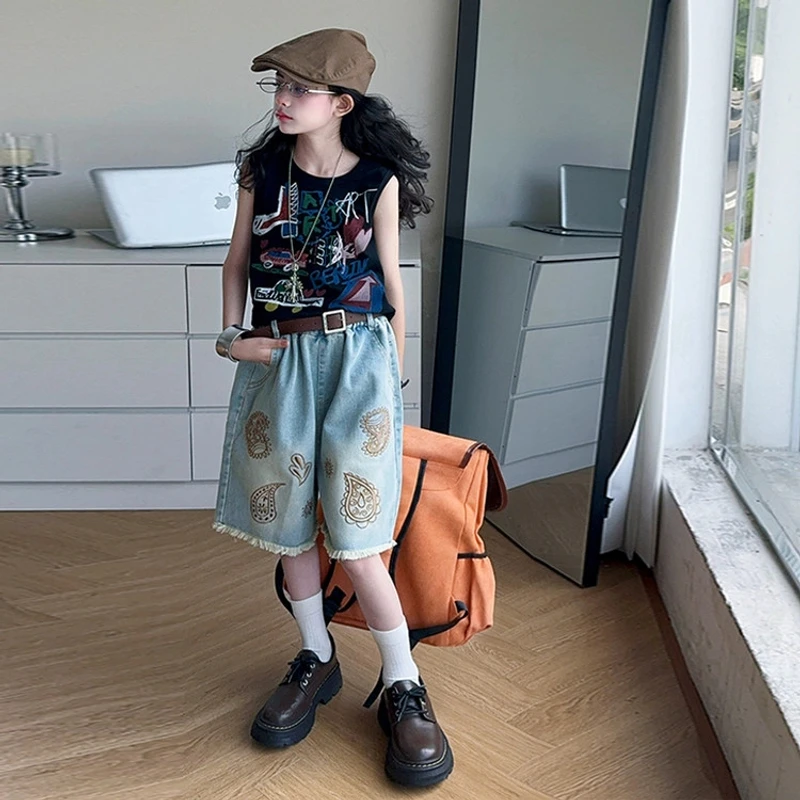 女童印花背心套装2025新款夏季中大童洋气毛边五分牛仔裤两件套潮