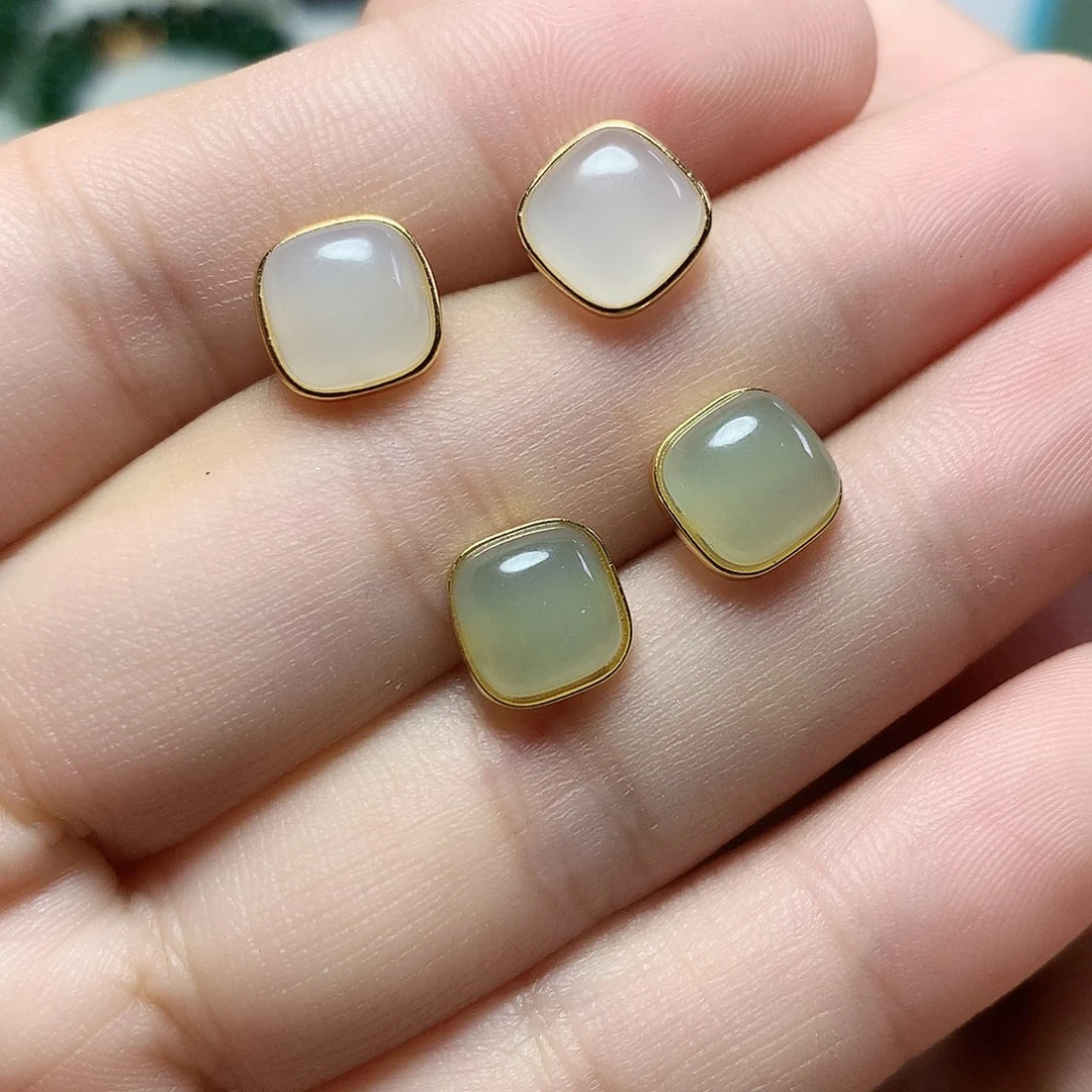 银S925镀金镶嵌和田玉（青白玉）耳饰