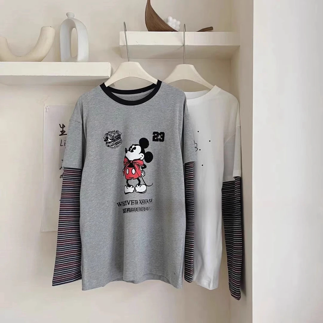 减龄休闲风东大门春新款条纹设计感圆领假两件长袖T恤G