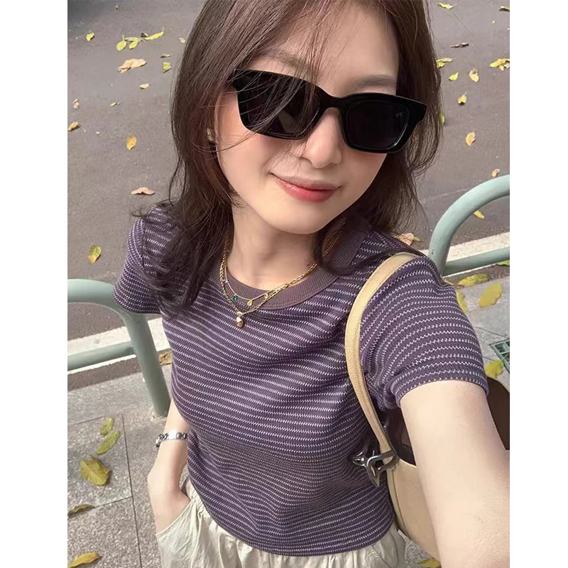 9106#紫色条纹t恤女美式短袖夏季撞色修身显瘦正肩圆领体恤上衣潮