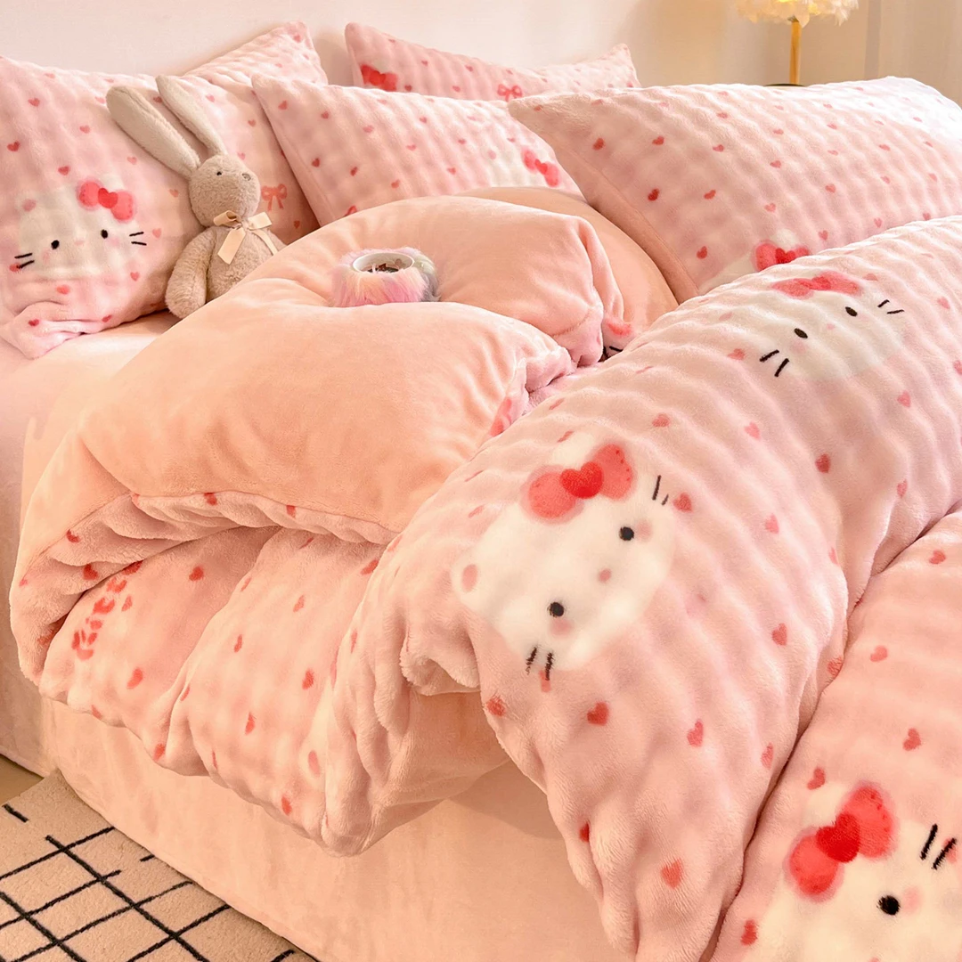 加厚保暖牛奶绒床上四件套冬季可爱KT泡泡绒被套珊瑚绒床单三件套