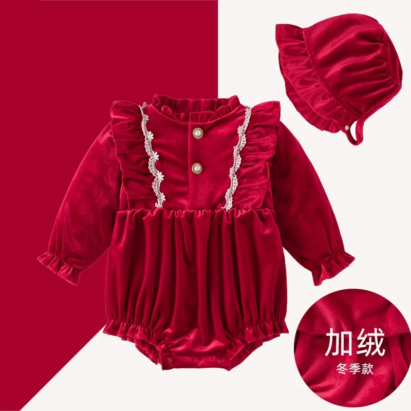 【花朝锦】新生儿加绒秋冬款包屁衣女宝宝百天周岁拜年服