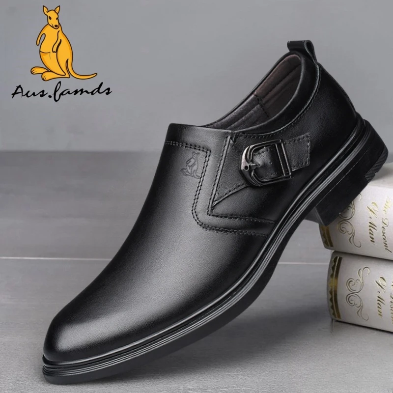 澳洲名袋鼠春季新款软底软面时尚百搭款男士商务真皮牛皮休闲皮鞋