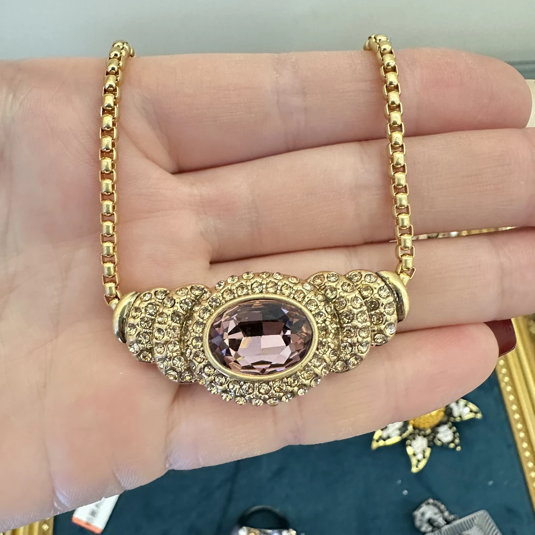 铜合金项链 【4060】中古复古重工镶嵌紫色石锁骨链复古毛衣链