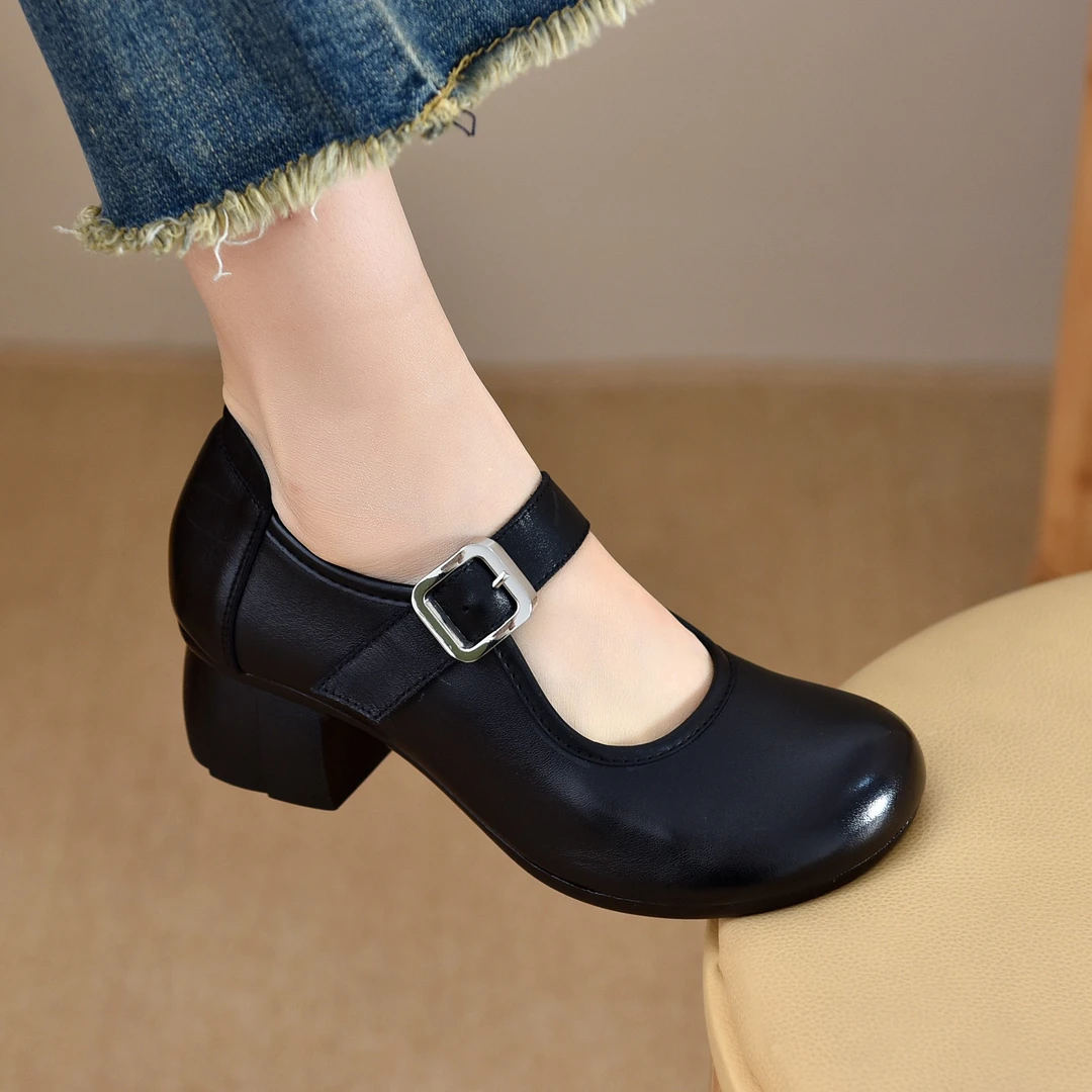 头层牛皮小皮鞋跳舞鞋魔术贴妈妈鞋中跟复古学院风玛丽珍单鞋女鞋