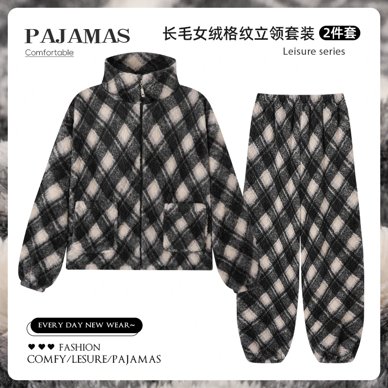 2025新款雪花绒睡衣女秋冬季加绒加厚黑色条纹少女家居服套装