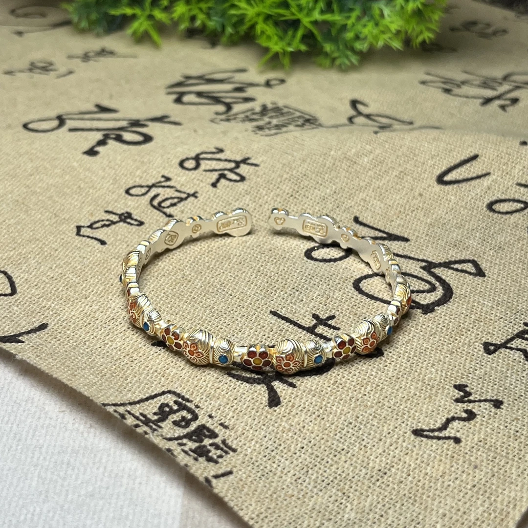 足银手镯 A40珐琅手镯9999福禄生花足银珐琅开口手镯葫芦送女友