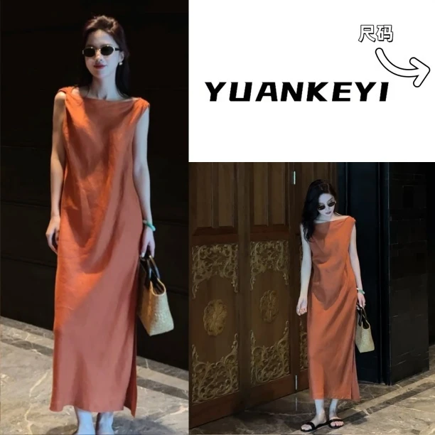YUANKEYI【橘梦】100%亚麻雨露麻时尚连衣裙显瘦气质