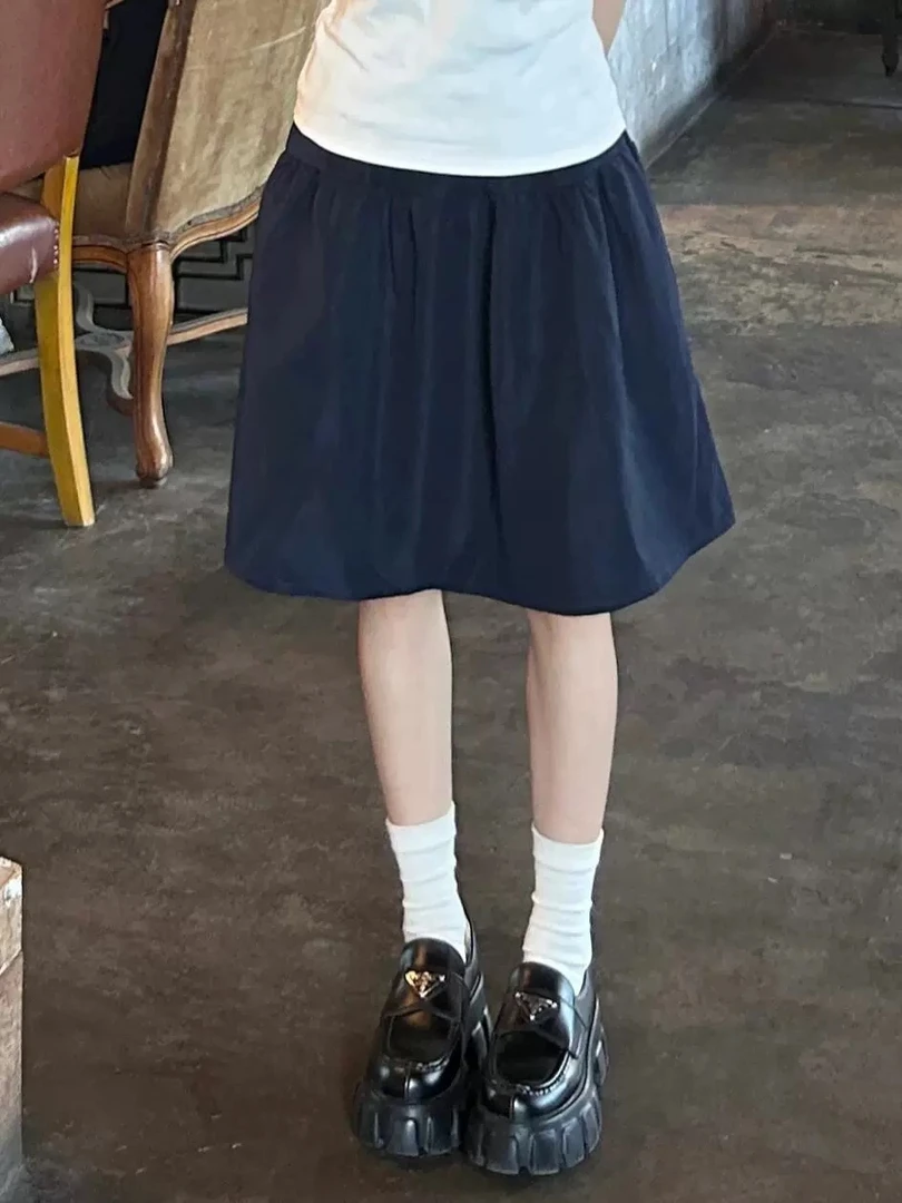 学院风百搭半身裙女微胖妹妹夏法式复古松紧高腰a字伞裙藏蓝色裙