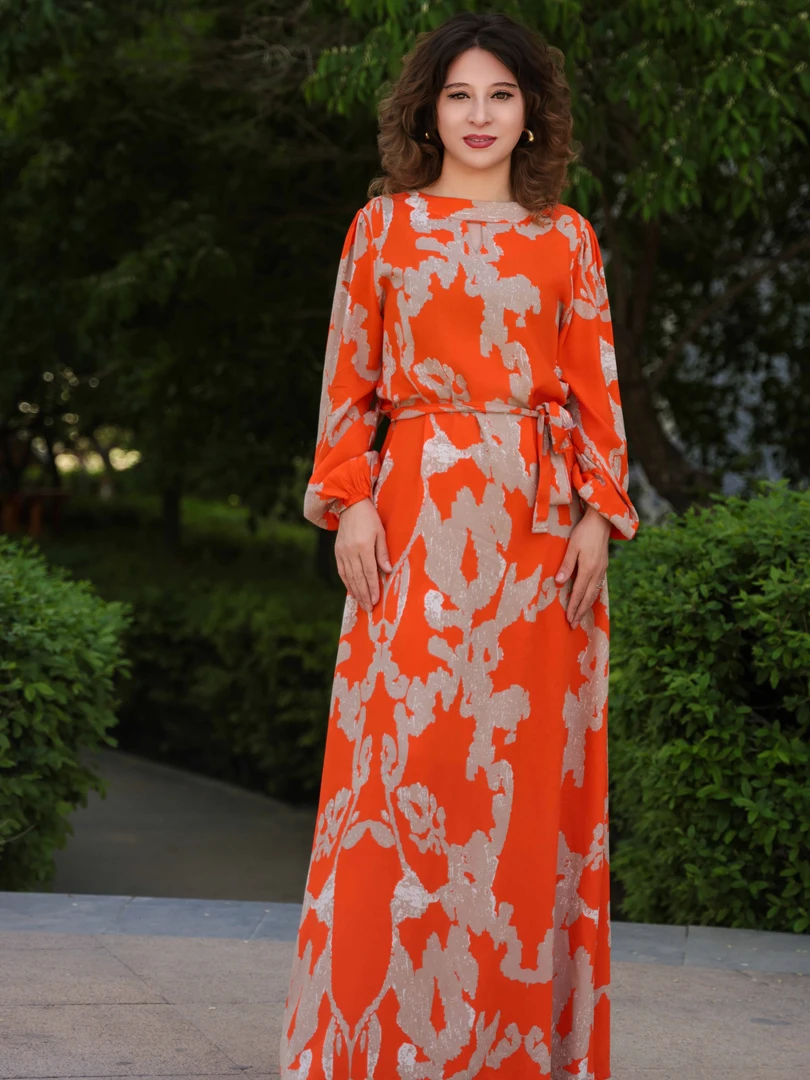 连衣裙宽松腰休闲风长袖碎花气质提花套头旗袍复古夏季