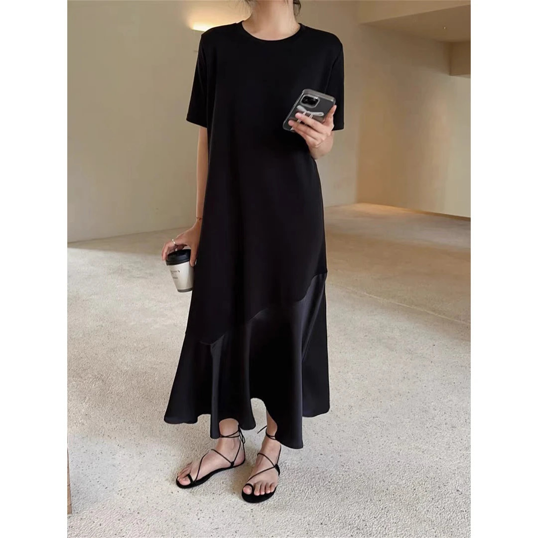 大码设计感拼接鱼尾连衣裙女2025夏季胖mm梨形身材小个子黑色裙子