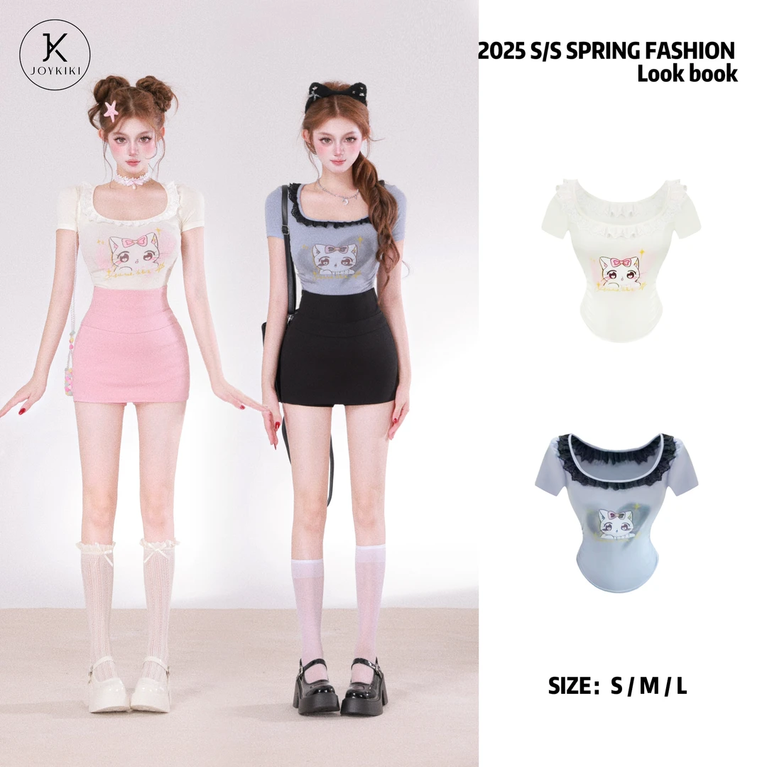 JOYKIKI鹅了么【心动猫咪】夏季纯欲T恤女设计感印花上衣J25B414