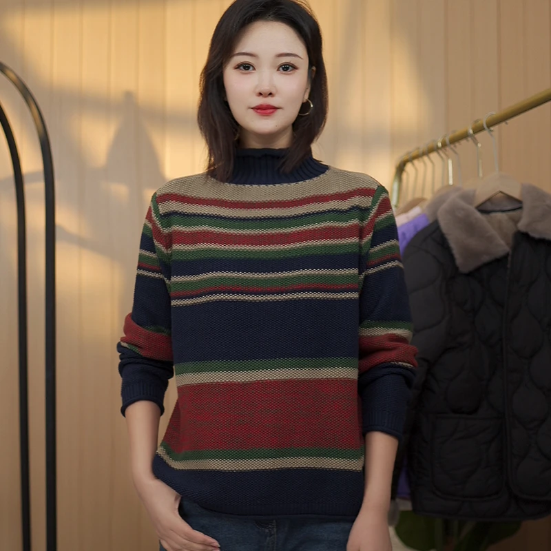 秋冬半高领长袖条纹拼接针织衫女2025新款慵懒风宽松套头套头毛衣