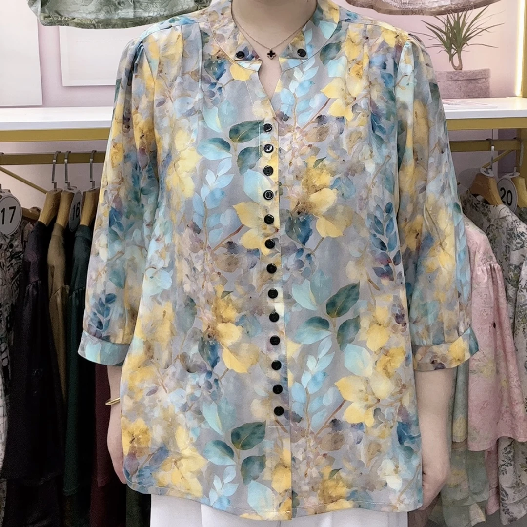 8027早秋新款晴空蓝叶叠领排扣气质九分袖套头衫