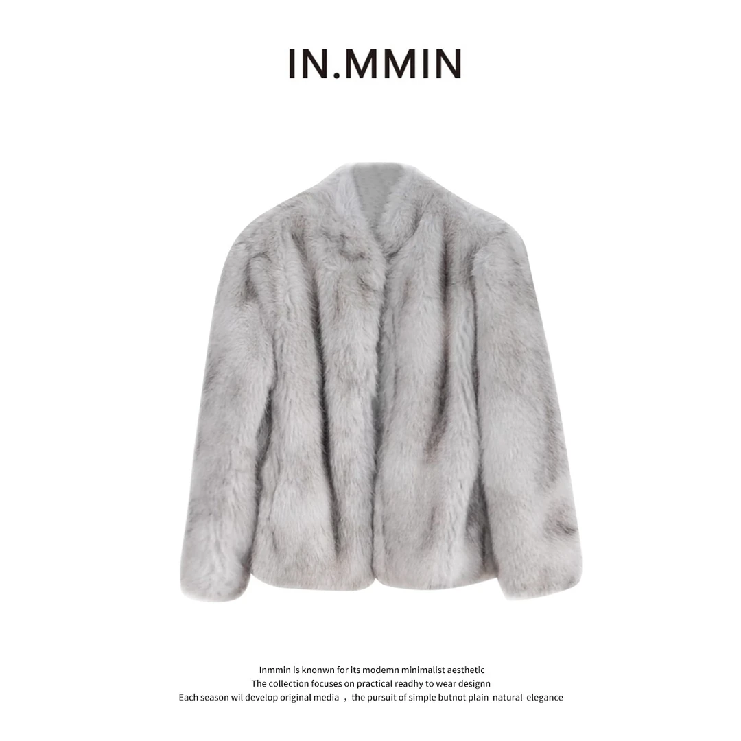 INMMIN 韩系银灰色双色晕染仿狐狸背短毛皮草外套