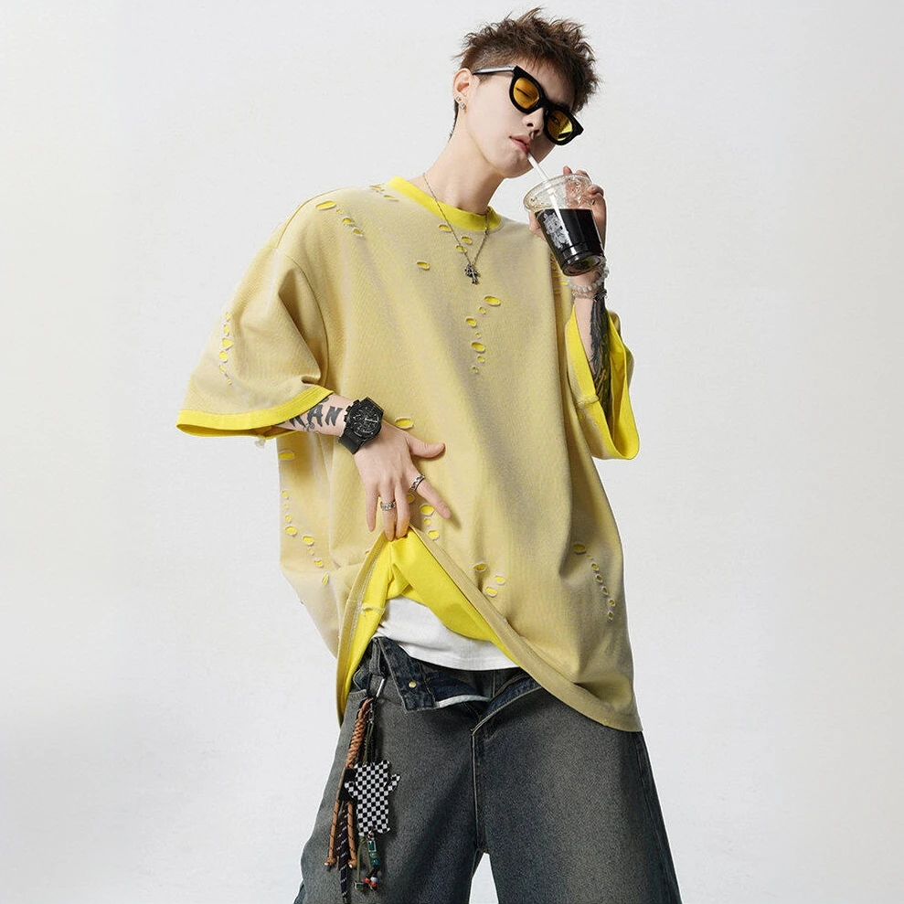 破洞设计感短袖t恤男士2025年夏季新款潮流痞帅显瘦重磅五分半袖